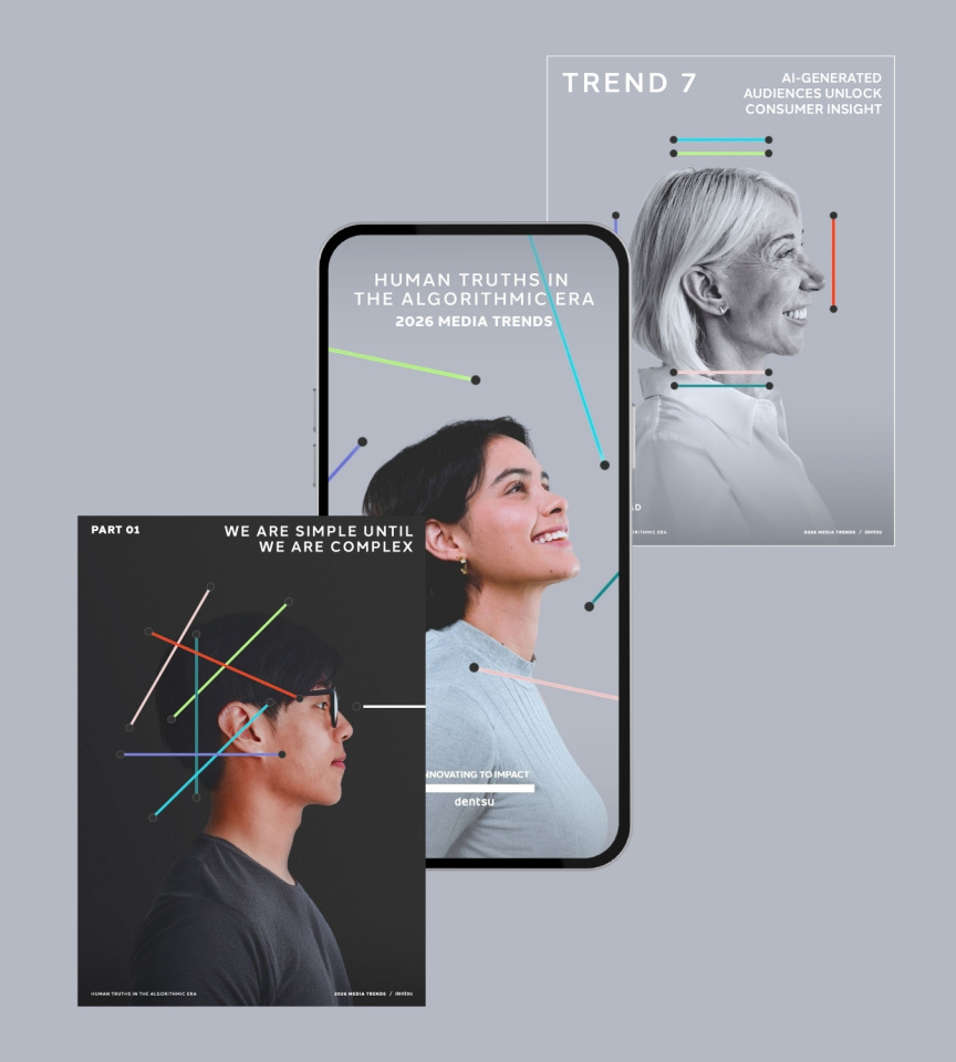 Covers from dentsu’s 2026 Media Trends report showing diverse faces and data-inspired design.